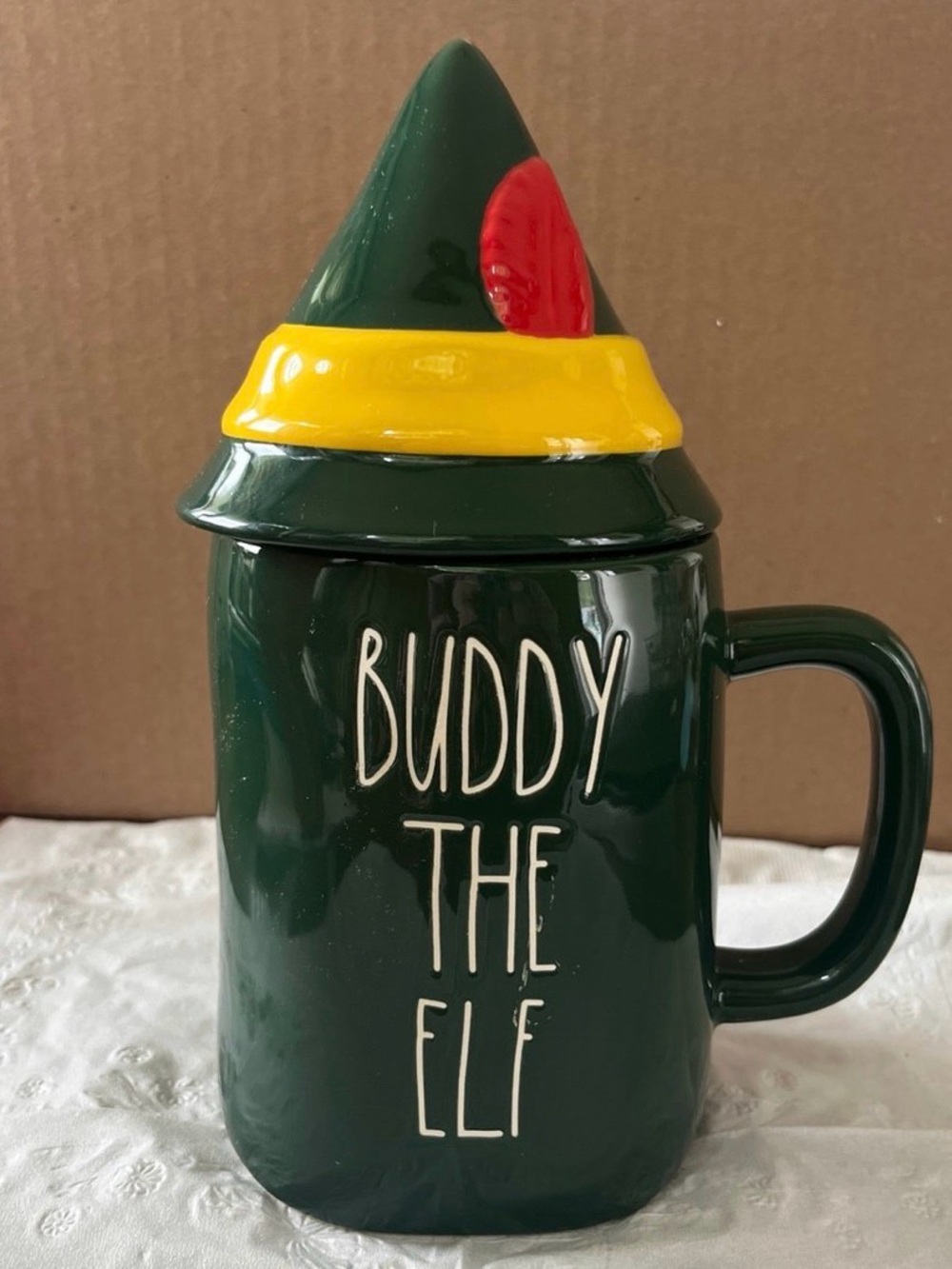 Rae Dunn Buddy the Elf Ceramic Mug with Elf Hat Lid - Dark Green & Yellow